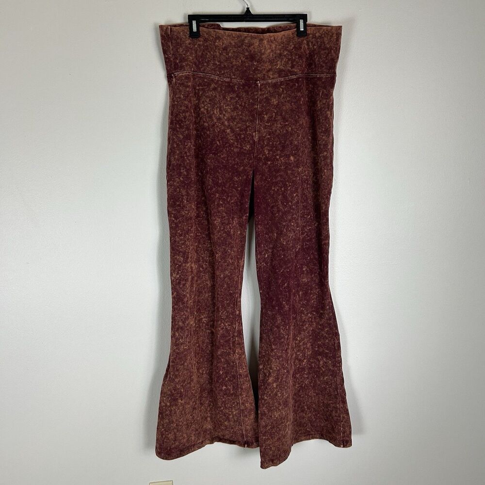 Zenana 3X Rust Mineral Wash Flare Yoga Pants Bell Bottom Fold Over Waist Hippie